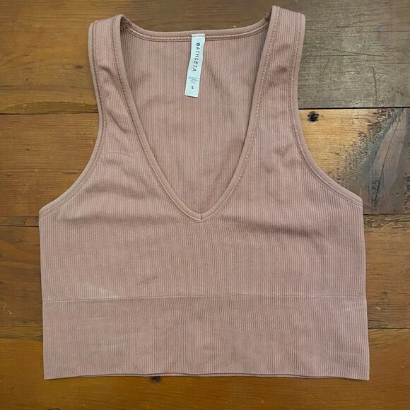 ATHLETA V-NECK RIBBED CROP TANK/BRA/TOP IN BLUSH, SIZE SMALL, LIKE NEW - Picture 1 of 2
